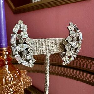 1960's Crescent Moon Retro Glamour Glass Rhinestone Earrings